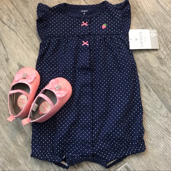 Carter's Other - 🍓 NWT Poke-a-dot Romper & Disney Sparkle Slippers